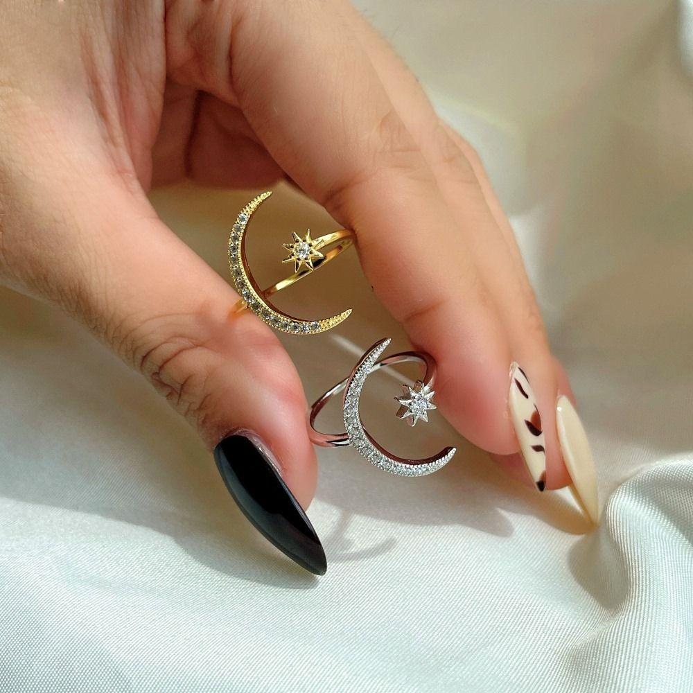 Korean Style Star Moon Opening Rings Rhinestone Crescent Moon Ring Personality Couple Ring  Couple