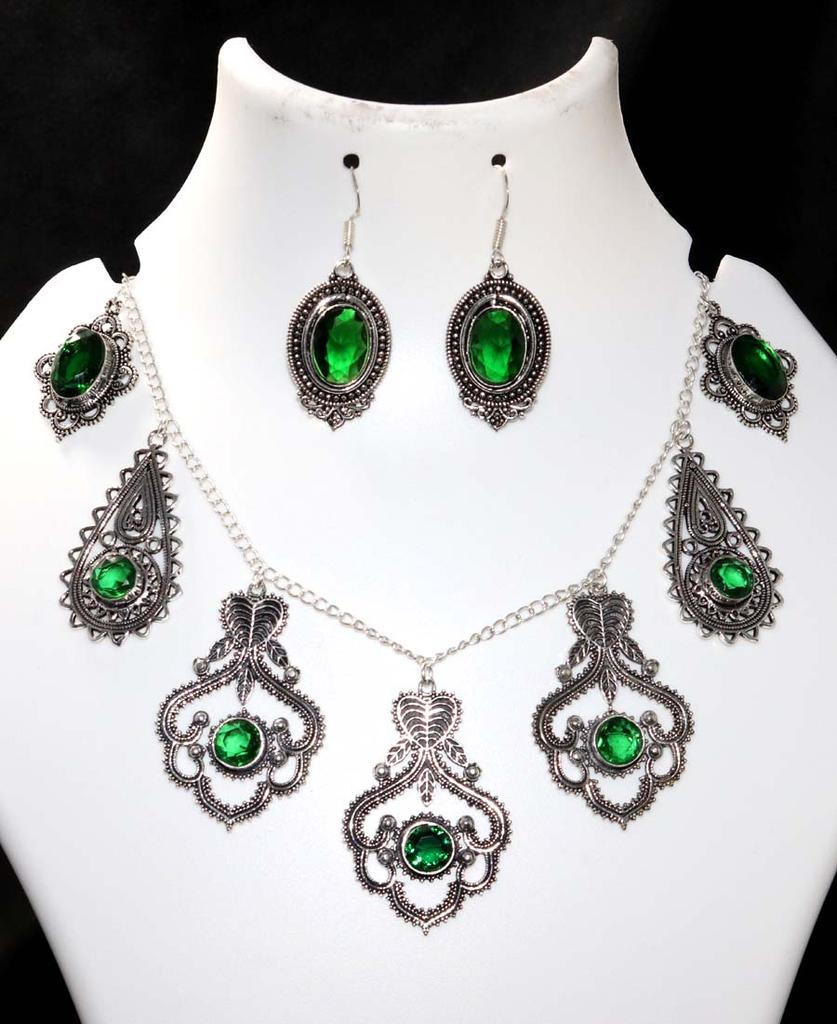 Exclusive Cluster Green Topaz 925 Silver Plated Necklace Earrings Set 18|1.9" S3N44