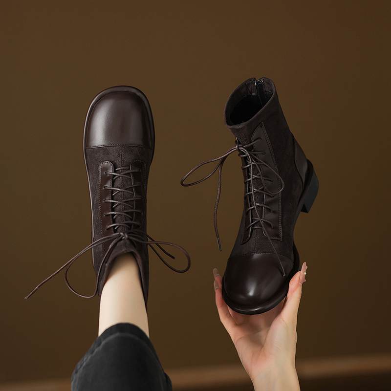 Krazing Po Microfiber Winter Round Toe Size 33 Western Boots Size 43 Lace Up Low Heels European Designer Ankle Boots