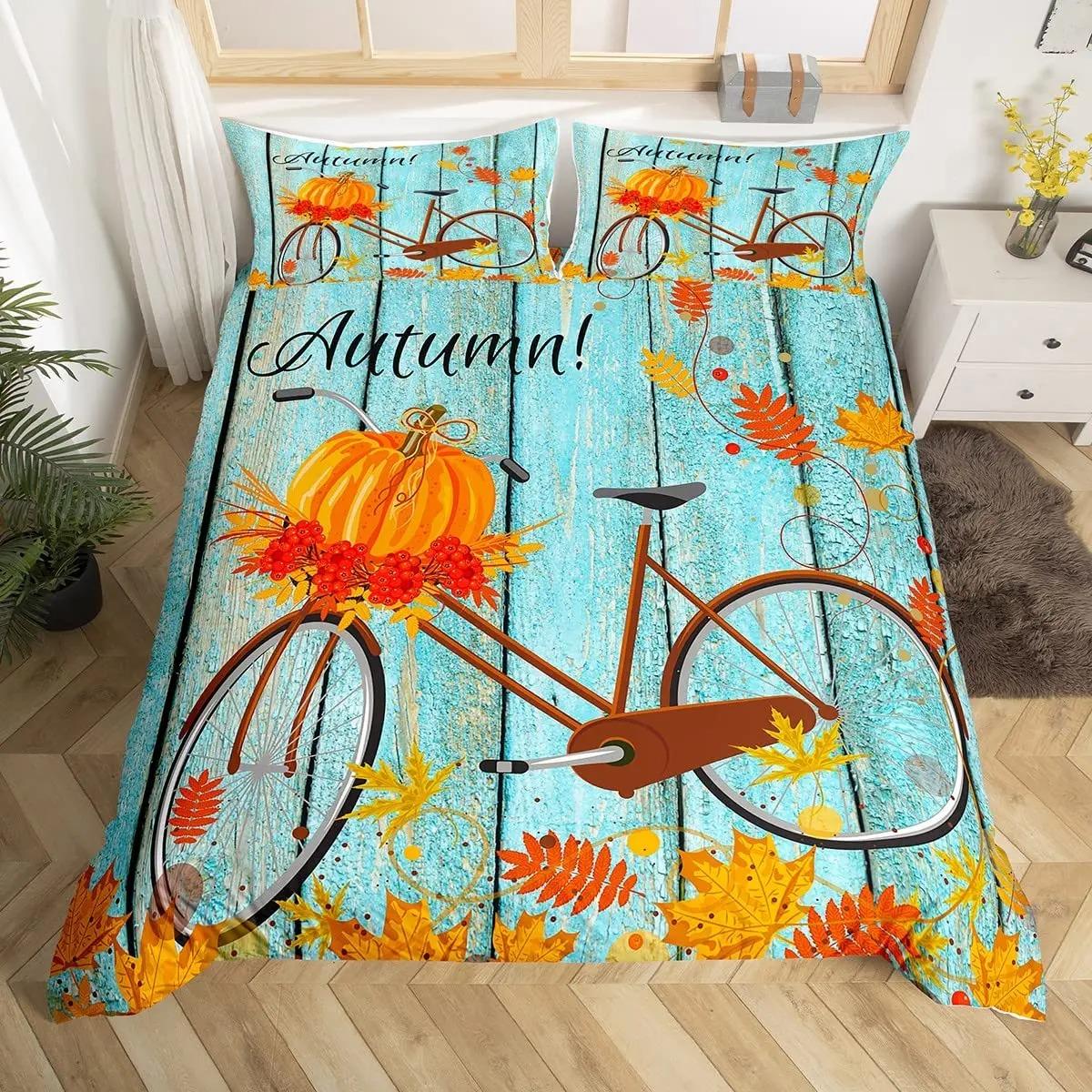 

Comforter Autumn King Queen Size 3Pcs Fall Leaf Pumpkin Bicycle Bedding Set Microfiber Comforter For Boy Teen Room Comforter (quilt)-EU Single(135*200cm)3pcs