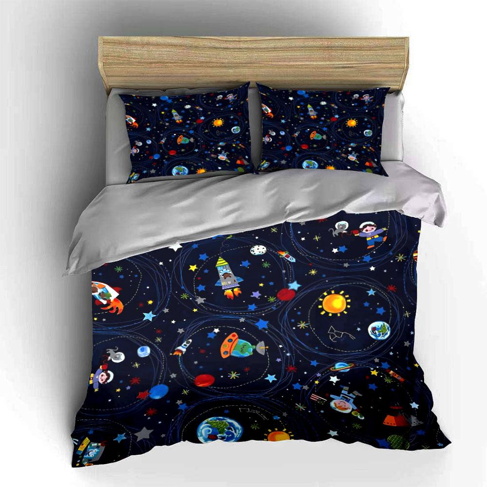 Kids Cartoon Space-Themed Bedding Set Soft Skin-Friendly Bedding Set Includes 1 Duvet Cover And 2 Pillowcase, Gift