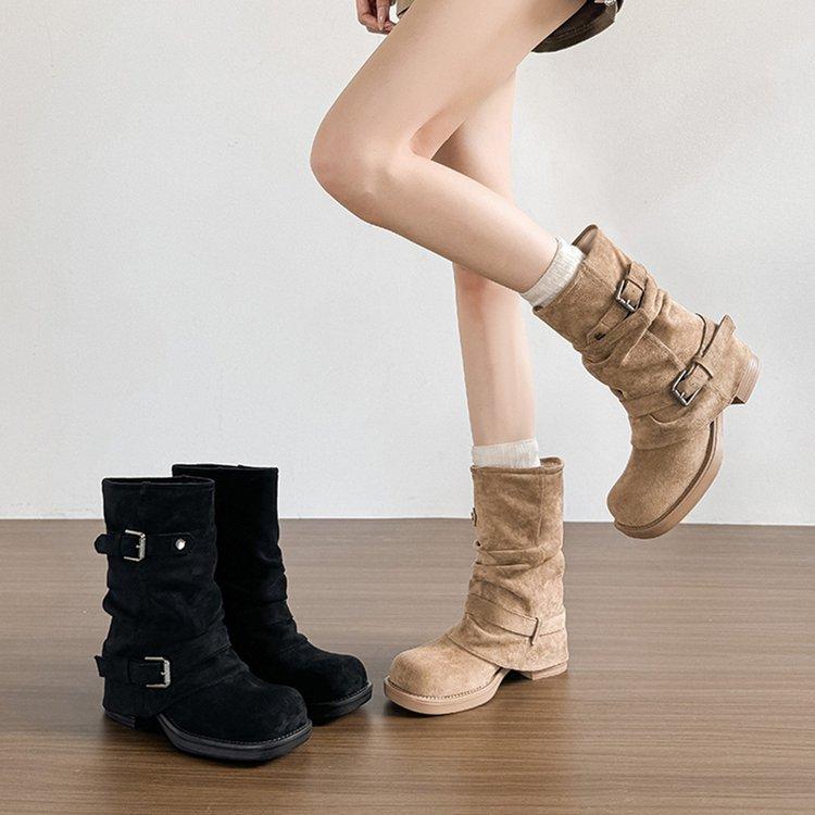 Thick-soled Western Cowboy Pleated Piled Boots Women's Autumn and Winter Retro Knight Thick Heel Trousers Short Boots Women