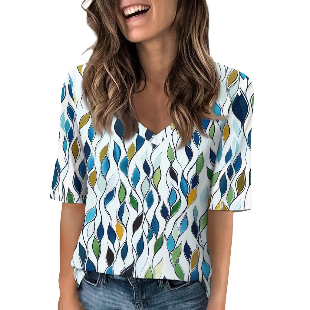 Shirts For Women Trendy V Neck T Shirts Casual Printed Blouse Half Sleeve Tops For Women