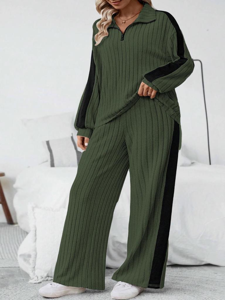 2025 European Style Plus Size Two-Piece Set: Casual Sweatshirt and Wide-Leg Pants for Women