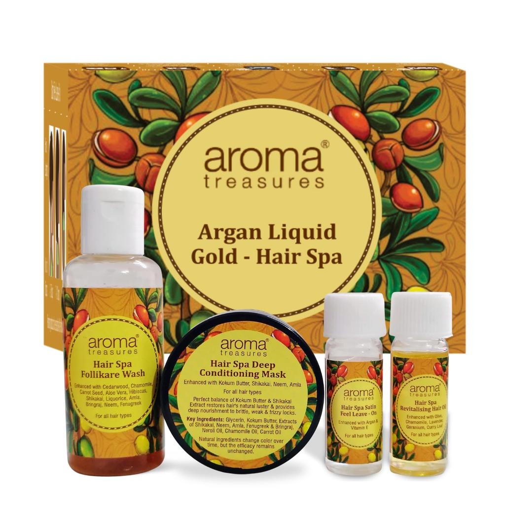 Спа-набор для волос (100 г), Argan Liquid Gold Hair Spa Kit,  Aroma Treasures
