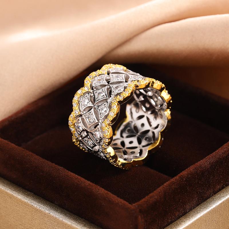 Luxury Two Tone Cubic Zirconia Rings for Women Hollow Out Wide Rings Wedding Party Newly Design Modern Fashion Jewelry