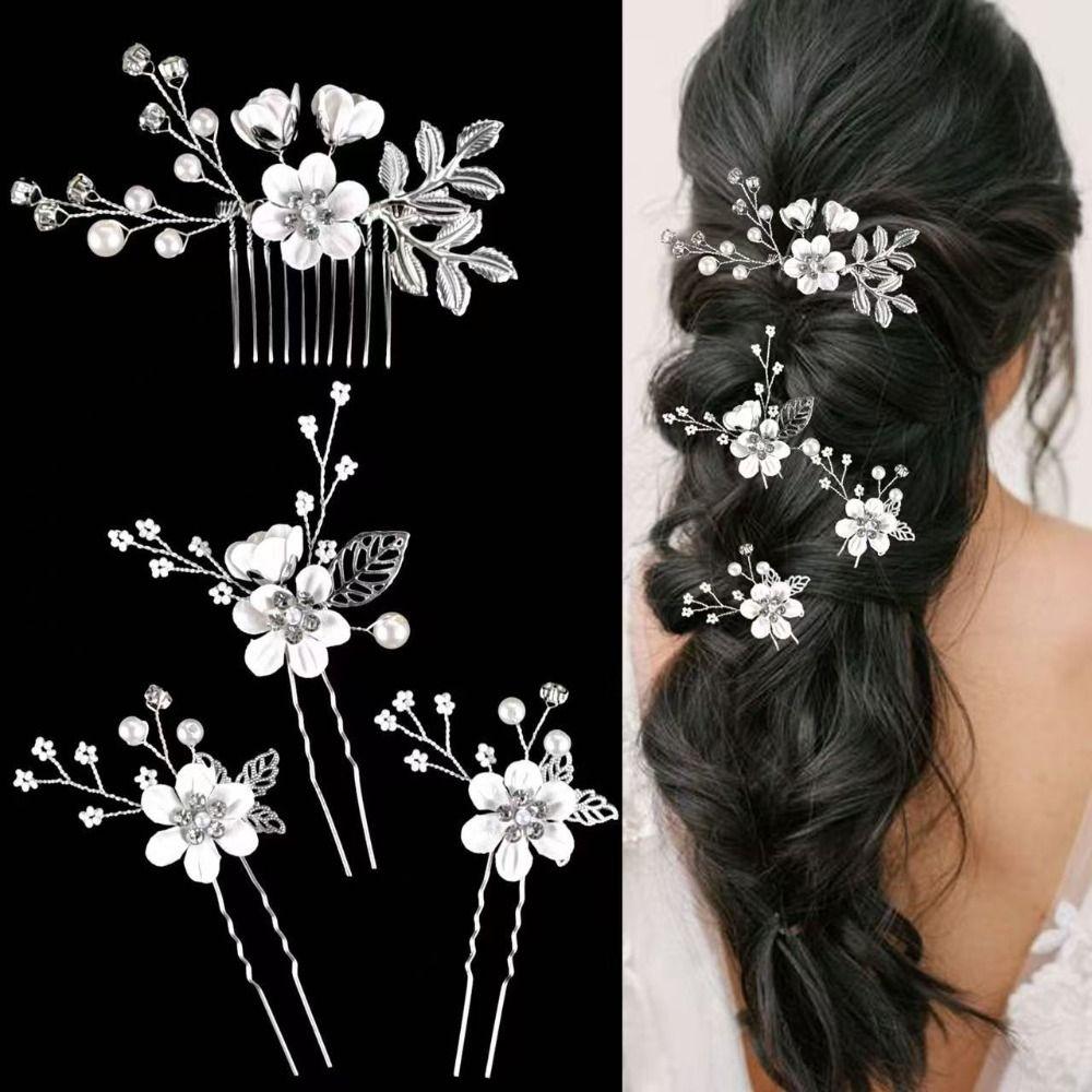 4Pcs/set Gold/Silver Bridal Headband Rhinestone Headpiece Elegant Flower Hair Comb Prom Event
