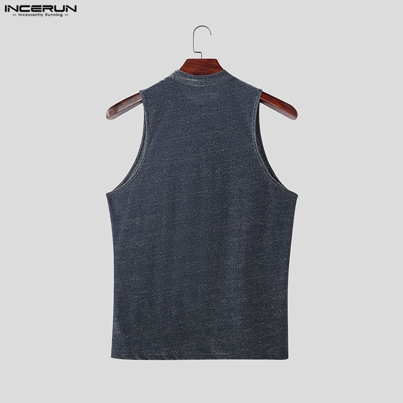 INCERUN Summer Men Mockneck Sleeveless Shiny Casual Tank Tops Vest