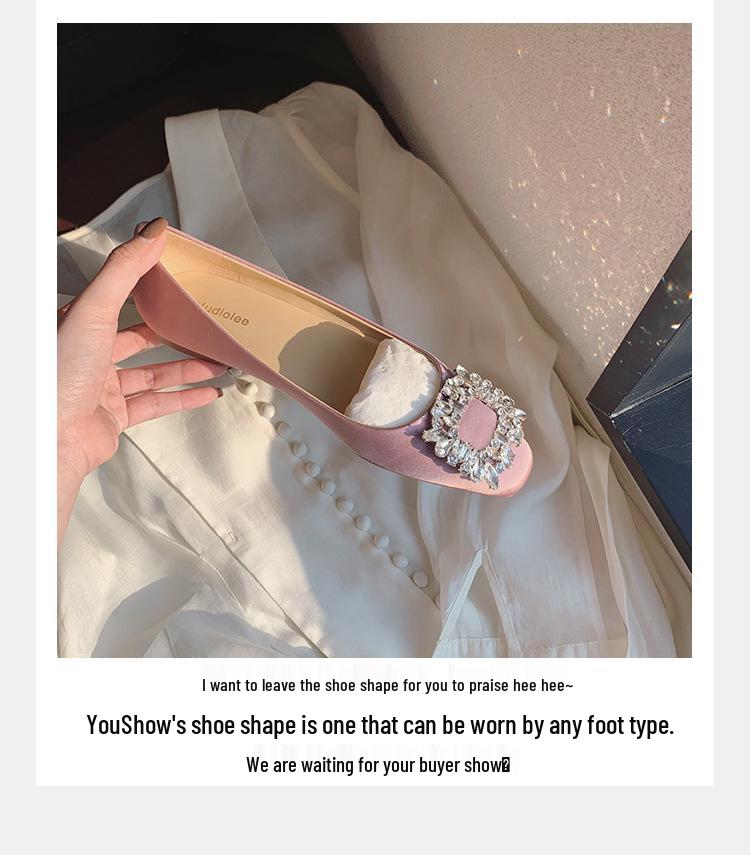 Elegant Spring & Autumn Rhinestone Buckle Square Toe Satin Flats for Women