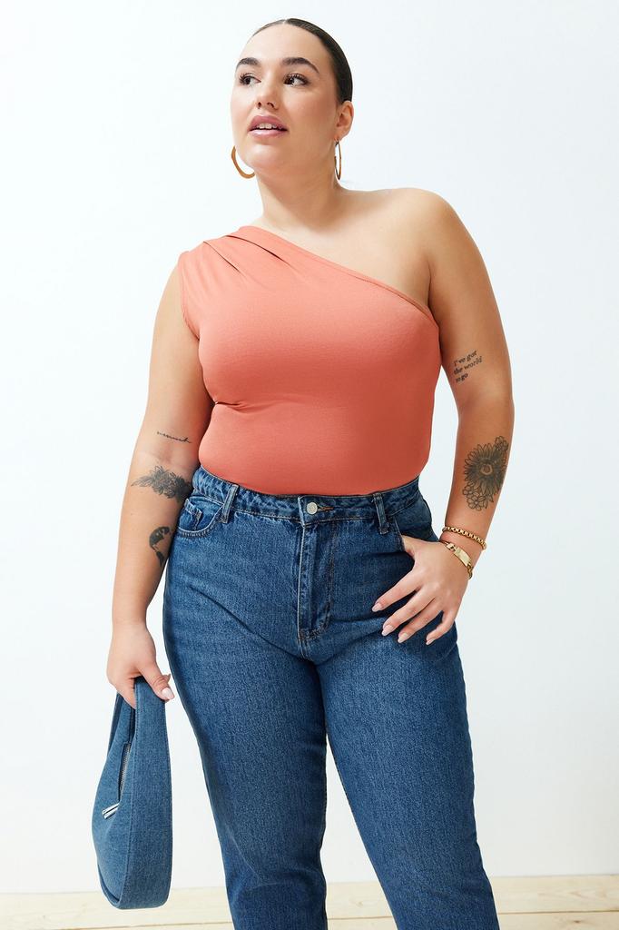 Women's Style Plus Size Cinnamon Asymmetric Collar Knitted Body with Snaps at the Bottom
