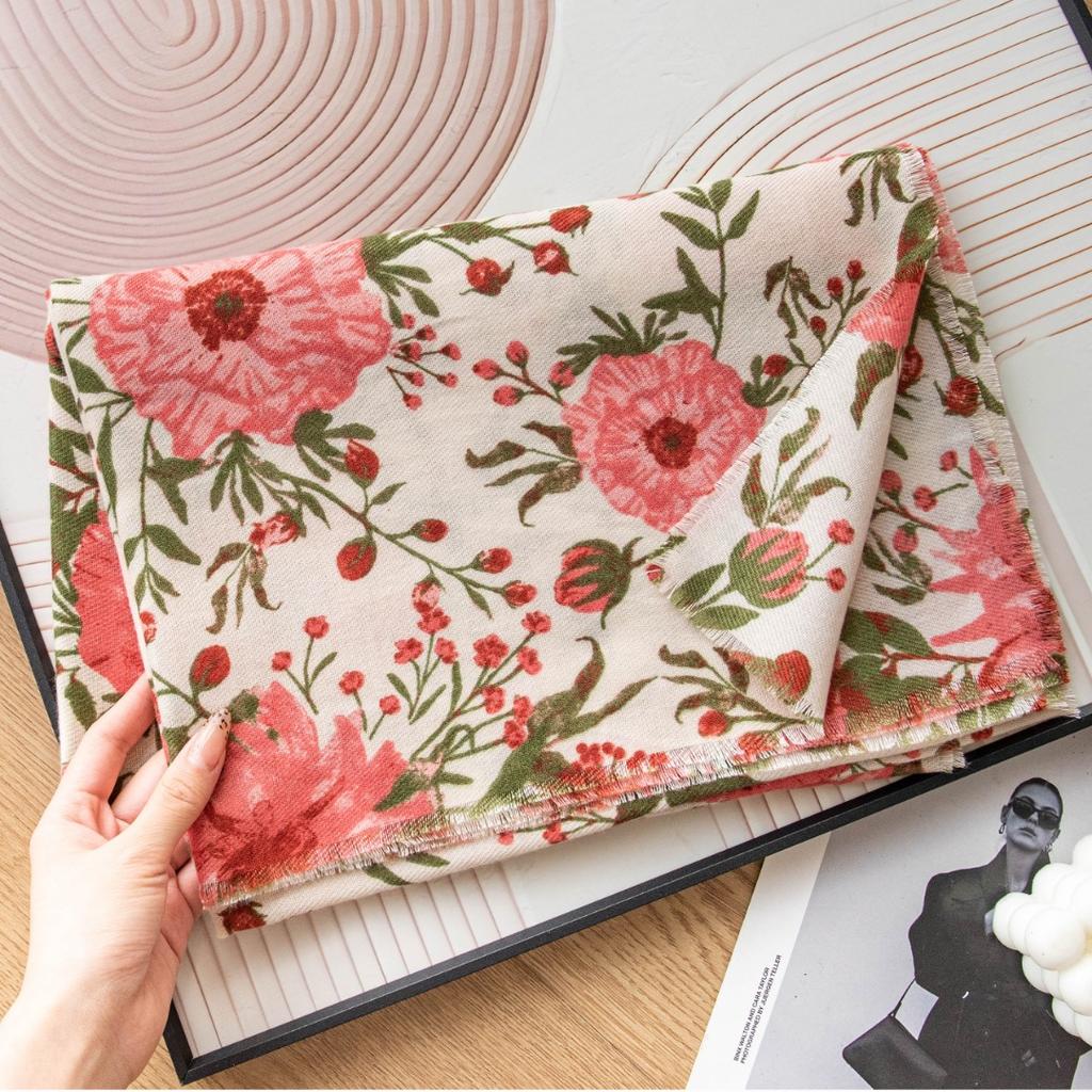 Pink Flower Print Women Winter Warm Scarf Hijabs Tassels Shawl Cashmere Pashmina Scarves Wraps
