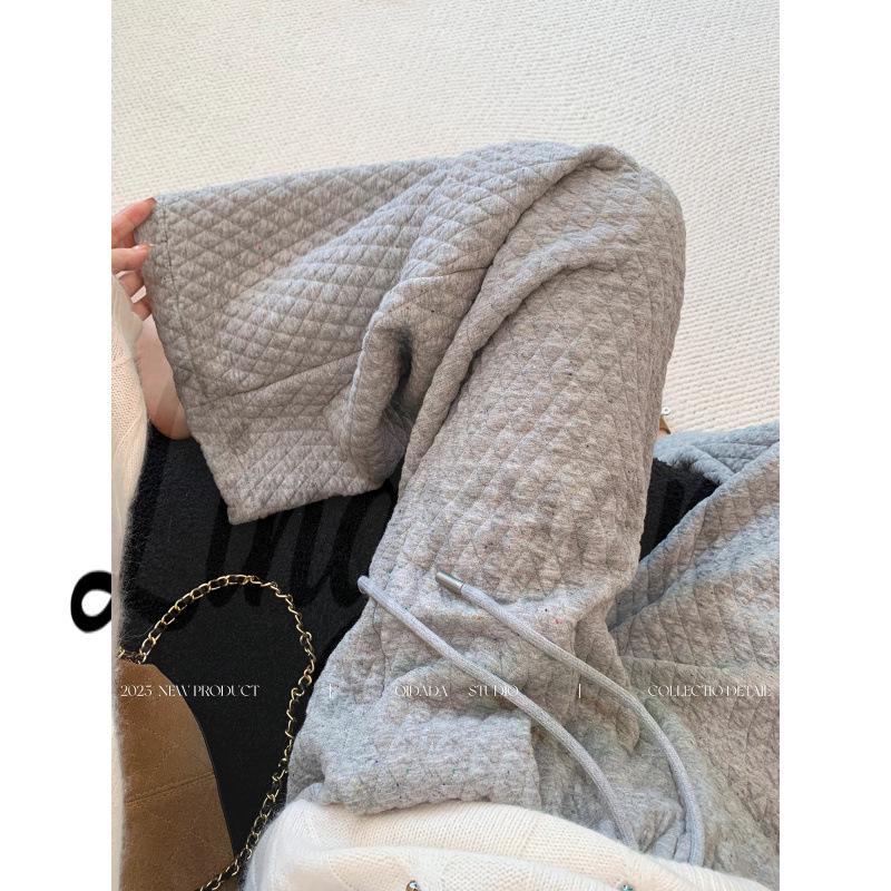 

Women s Heather Gray Diamond Pattern Thickened Sweatpants - Winter Casual, Loose-Fit, Straight Leg, Fashionable Style X-Large