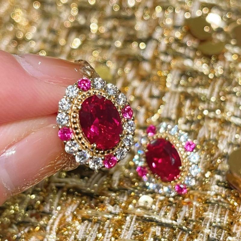 S925 Silver Plated with 18K Gold Empress Series Pigeon Egg Red Gemstone Stud Earrings