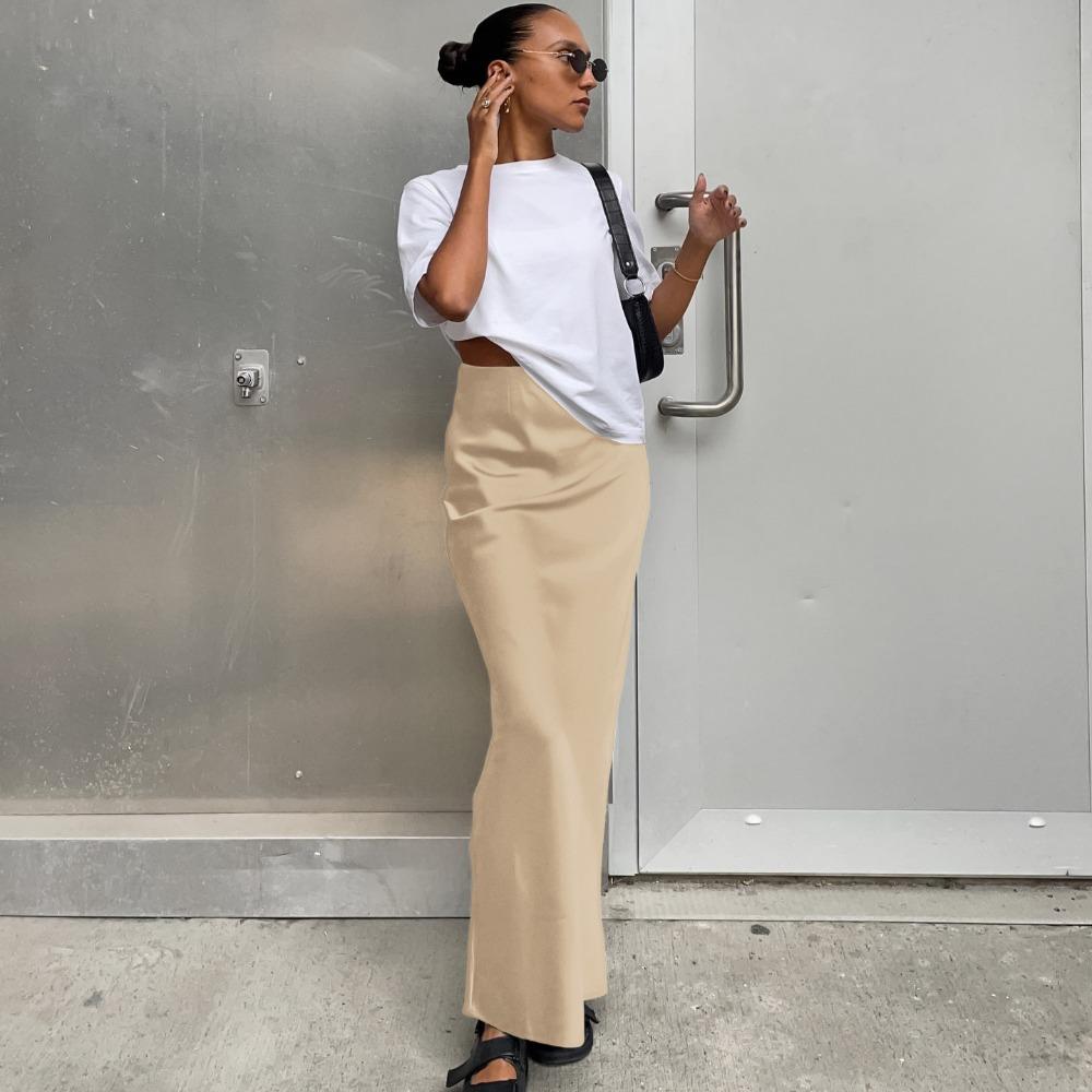 Elegant Satin Trumpet Skirts Fashion Slim High Waist Skirts Women Female Solid Office Long Skirt