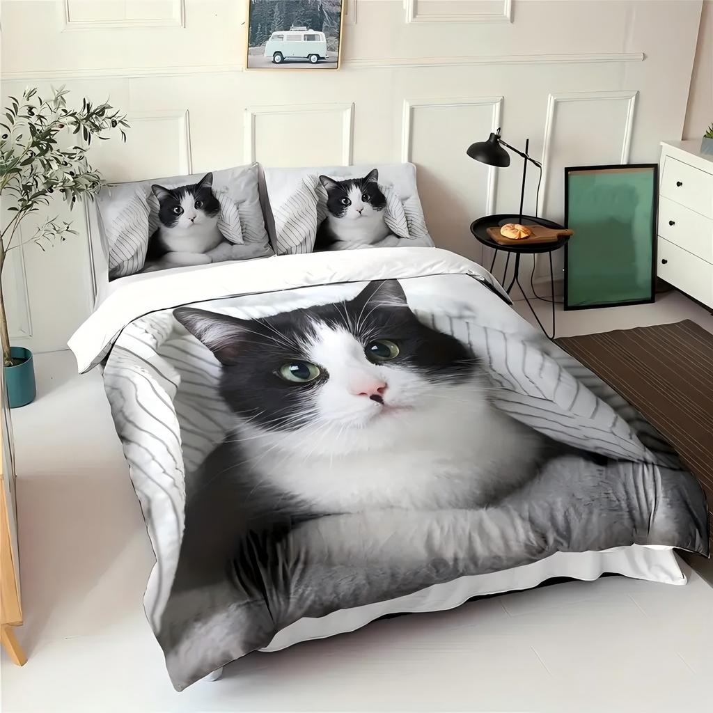 Black White Cat Print Bedding Set for Kid Teen Adult Cute Animal Style Duvet Cover Soft Comfortable Home Polyester Quilt Cover