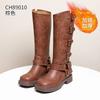 Leather Martin Boots Autumn and Winter New Flat-bottomed Retro Belt Buckle High Boots Western Cowboy Knight
