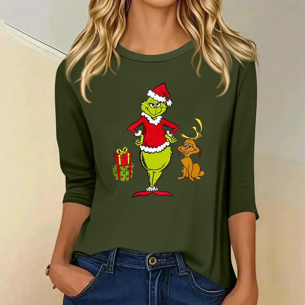 3/4 Sleeve Tops For Women T-Shirt Casual Christmas Print Tops T Shirt Round Neck Pullover Blouse