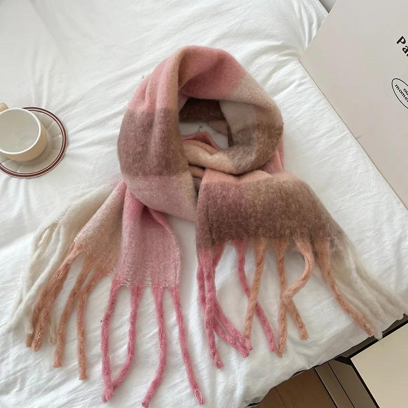 New Fashion Design Muffler Female Fairy Powder Gradual Change Tassel Mohair Scarf Women Winter Thermal Imitation Cashmere Scarf