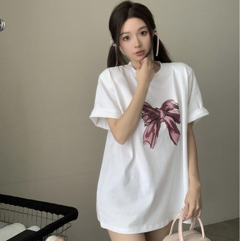 Lower clothes missing short-sleeved t-shirt women's summer Korean loose medium and long large version top 2026 new dress