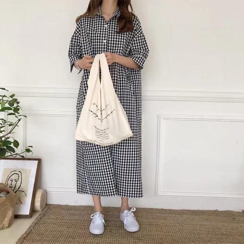 Spring and Summer Super Long Knee Length Checked Shirt Dress