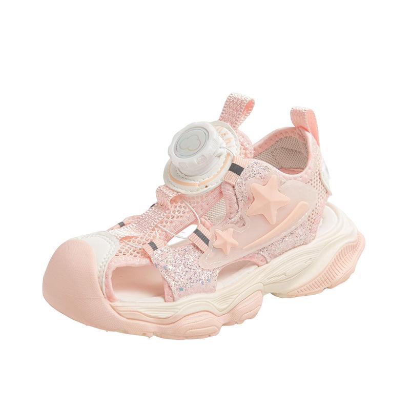 Girls' Sandals Summer New Breathable Button Mesh Shoes Children's Sports Beach Shoes Fashionable Lightweight Soft Sole