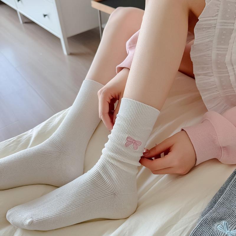 Gray Pile Socks - Spring and Autumn Embroidered Bow Tie Socks - Children's White Double-needle Cotton Socks - Boneless Mid-calf Socks