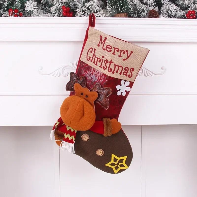 Christmas Decorative Socks Snowman Deer Santa Pattern Imitation Leather Gift Socks Xmas Decoration Large Capacity Candy Bags