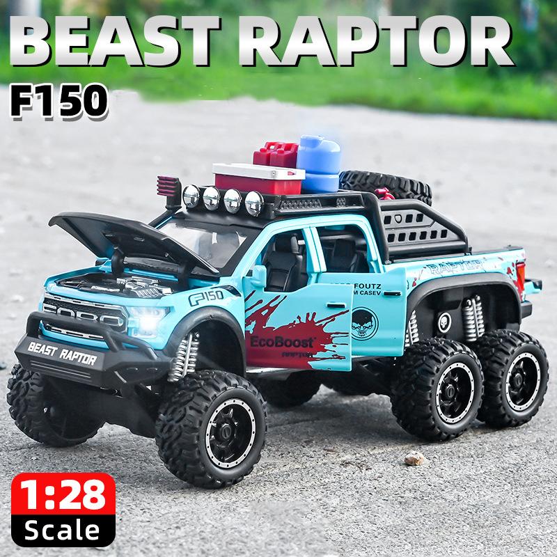 La scară 1/28 Ford Raptor F150 6X6 Pickup Truck Model de mașină de jucărie turnată sub presiune, Vehicul de jucărie cu sunet și lumină pentru copii mici, colecție de cadouri