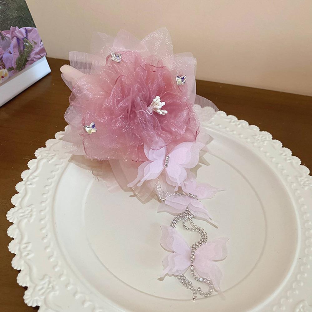 

Pink Gauze Hair Clip Rhinestones Butterfly Headwear New Hair Claws for Girls
