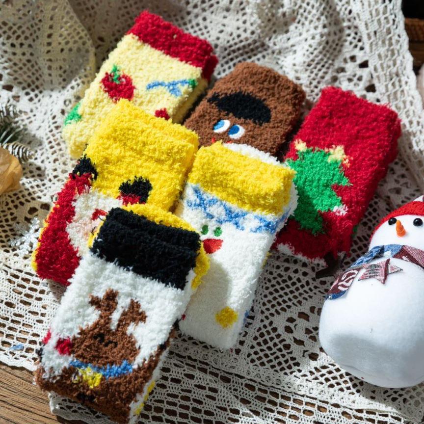 2024 Autumn/Winter Kids' Coral Fleece Christmas Embroidered Warm Cartoon Floor Socks