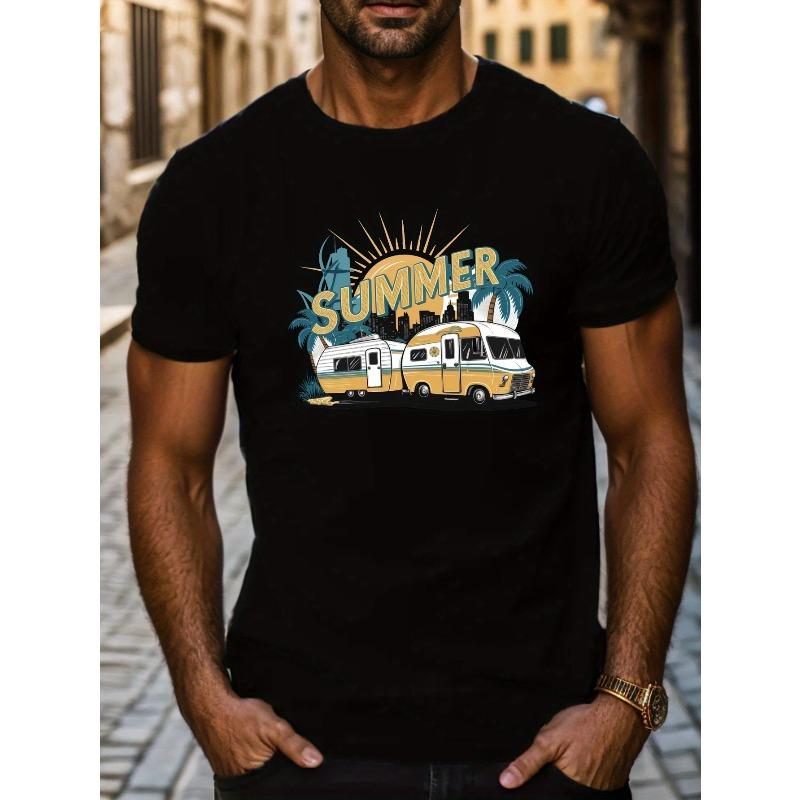 

European sizes Men S Summer Camping Graphic T-Shirt - Relaxed Fit Short Sleeve Tee Featuring a Geometric Pattern S чёрный