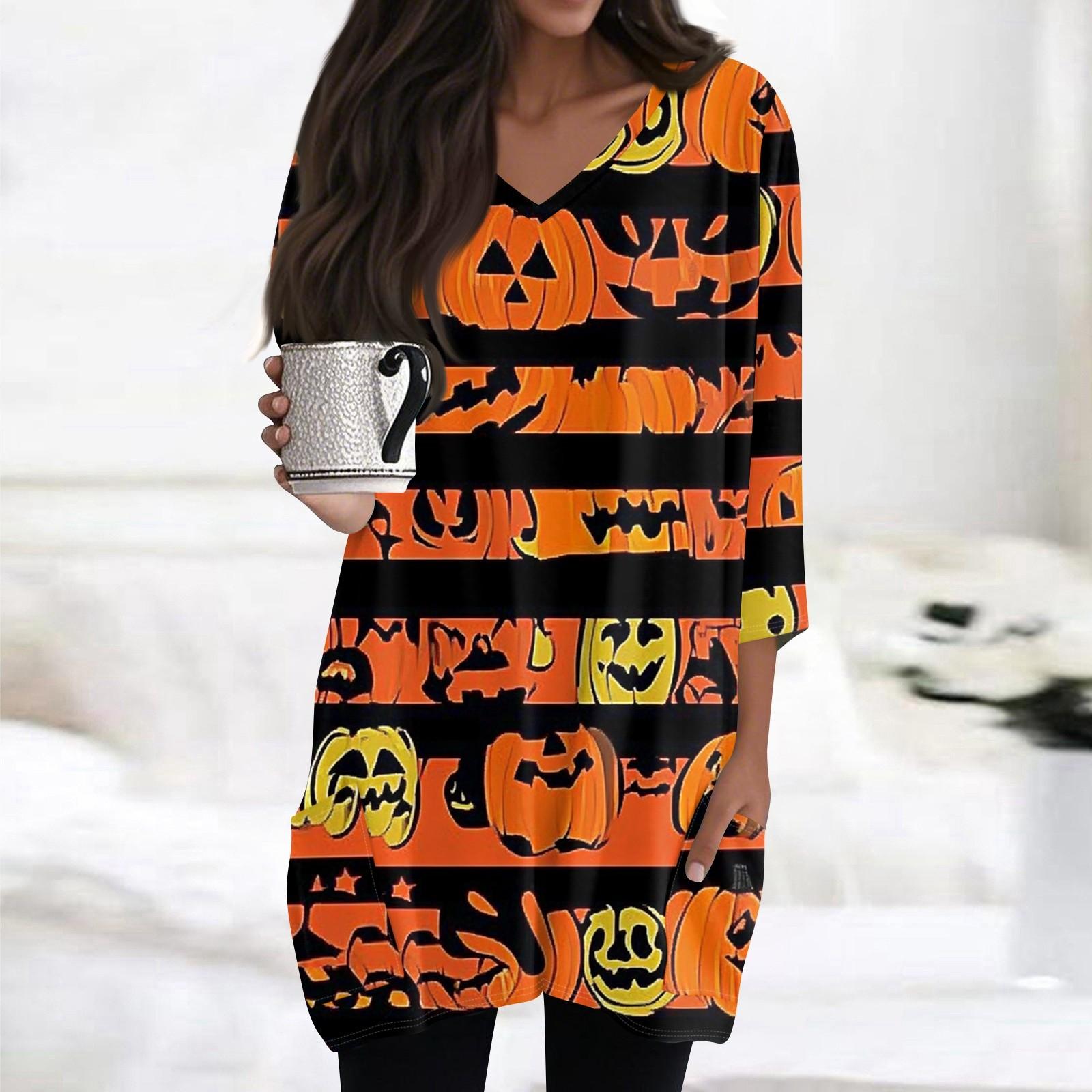 

Женские топы с V-образным вырезом и рукавом 3/4, повседневные блузки средней длины, модные туники с принтом на Хэллоуин и карманами M шафрановый