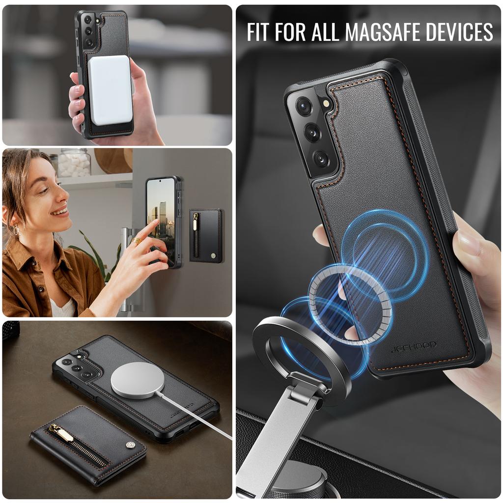 For Samsung Galaxy S21+ 5G Case JEEHOOD J12 Magnetic Detachable Zipper Wallet Kickstand Leather Back Cover Magnetic Case