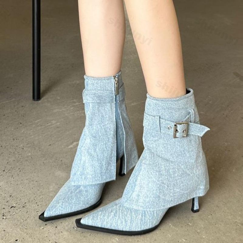 Women Ankle Boots 2026 Autumn New Buckle High Heel Shoes Women Pointed Toe Short Boots Fine Heel Women Shoes Botas Para Mujer