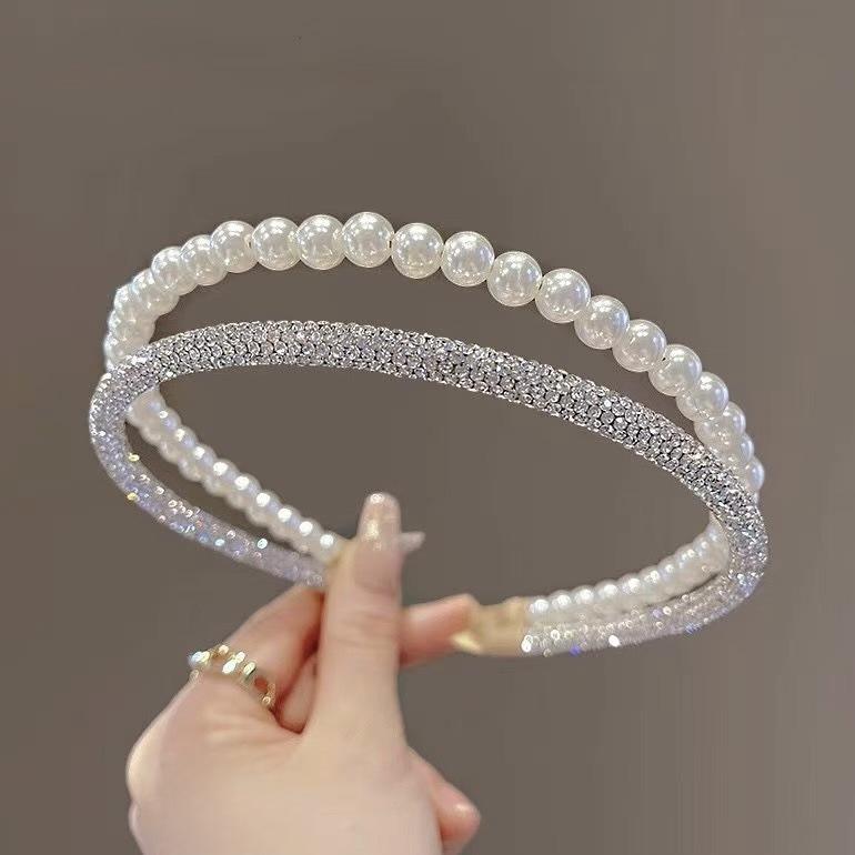 INS Fashion Double-Layer Faux Pearl & Rhinestone Headband: Elegant, Diamond-Studded, Versatile Accessory for Women