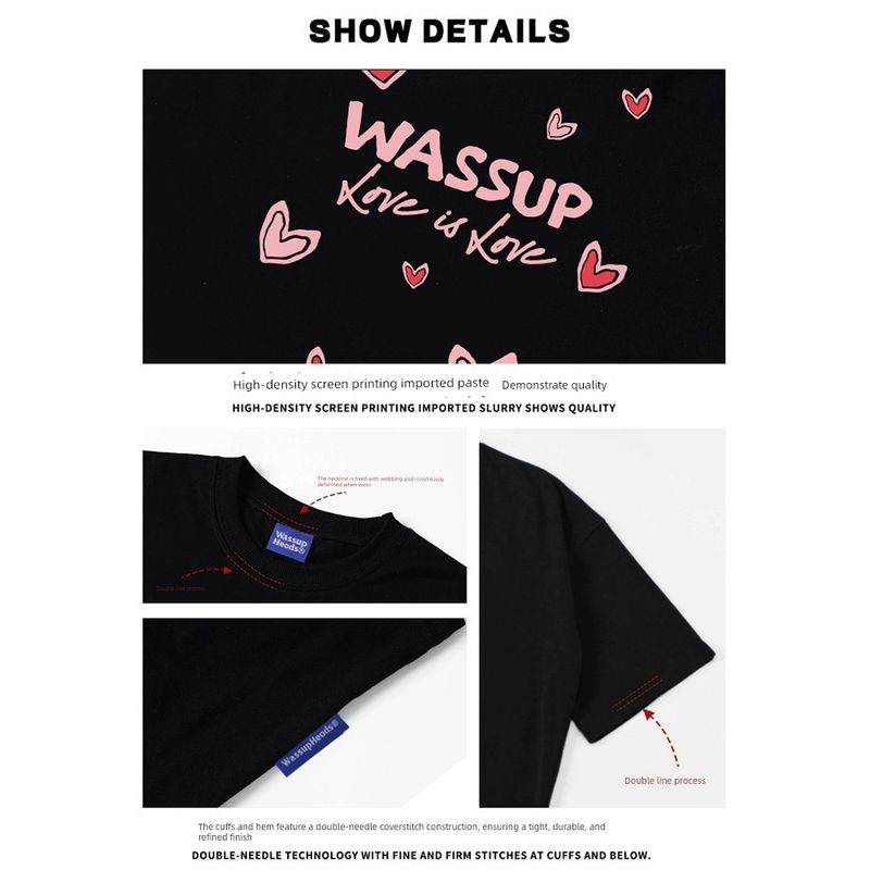 Wassup Heods Trendy Brand Heart-Themed Couple Short-Sleeve T-Shirt Summer Loose Pure Cotton National Trend Unisex T-Shirt Summer