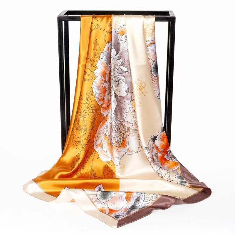 Simulation Silk Scarf Spring and Summer Versatile Sunshade 90 Square Scarf Painted Pearlescent Color Ding Women's Square Scarf Silk Scarf