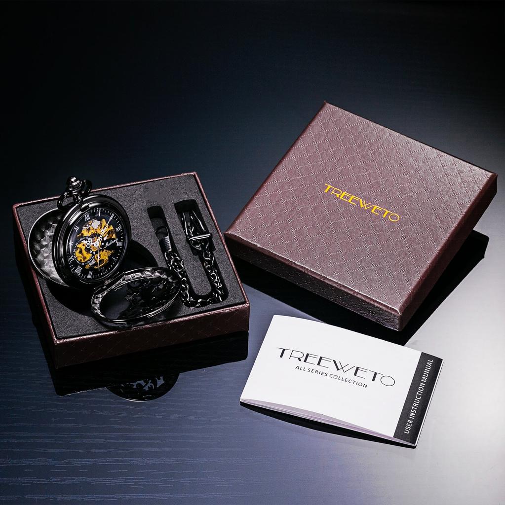 TREEWETO Mechanical Hand-Wound Pocket Watch with Double-Sided Lid, Dragon Openwork Skeleton Design, and Chain
