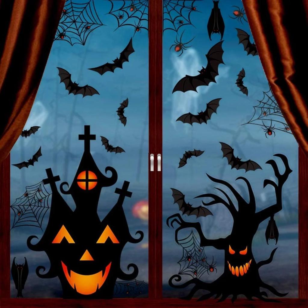 1 Set Of 4 Pcs Halloween Stickers Horror Atmosphere Window Glass Decoration Stickers PVC Wall Stickers