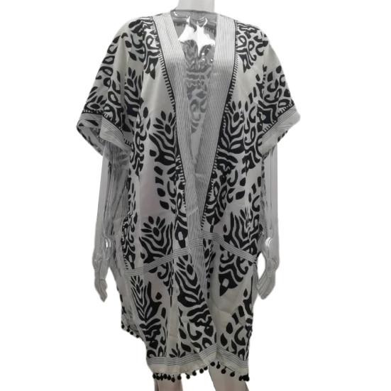 Tassle Ball Sun Protection Swimsuit Cardigan Half Sleeve Women Boho Printed Beach