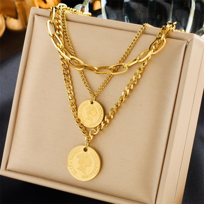 DIEYURO 316L Stainless Steel Gold Round Coin Portrait Pendant Necklace For Women Girl New Trend Multilayer Chains Jewelry
