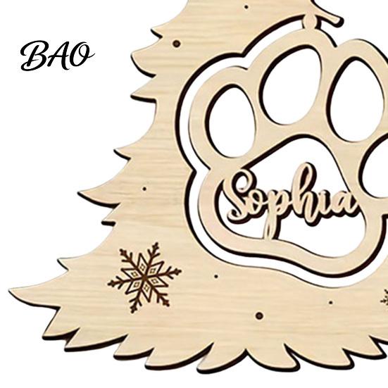 Wooden Christmas Tree Ornaments Wood Pendant with Paw Print, Hollow Engraved Hanging Natural Craft Ornament, Rustic Style for Holiday Party Home Decor