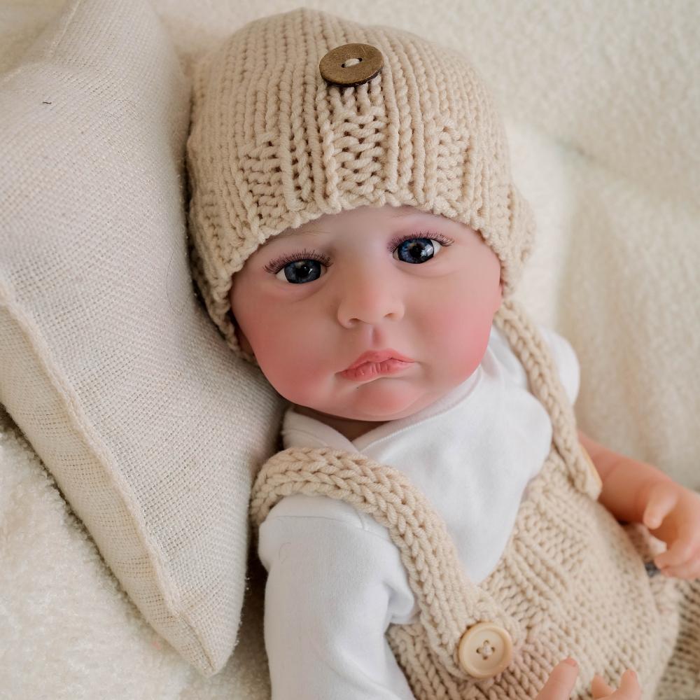 Lifelike 48cm Reborn Babies Doll Cameron Full Vinyl Body Simulation Doll Wear Khaki Knitted Overalls Realistic Newborn Baby Doll for Kid Holiday Gifts