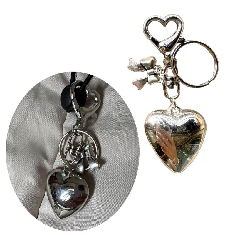 Sweet Bowknot Big Heart Pendant Keyring Silver Color Charm Keychain Decoration