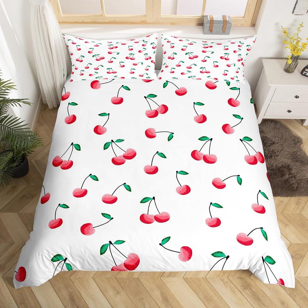Red Cherry Printed Bedding Set Cartoon Tropical Fruit Duvet Set Three-Piece Set