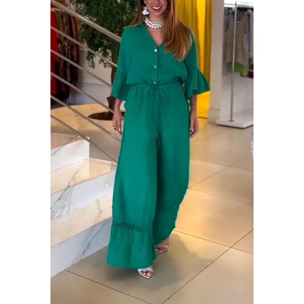 Summer Women's Casual Solid-color Lapel Lotus Leaf Sleeve Mid-waist Pocket Jumpsuit