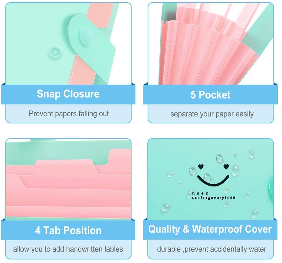 4 Packs Expanding File Folder with 32 Labels 5 Pockets A4 Letter Size Accordion Folder Paper Organizer for School and Office