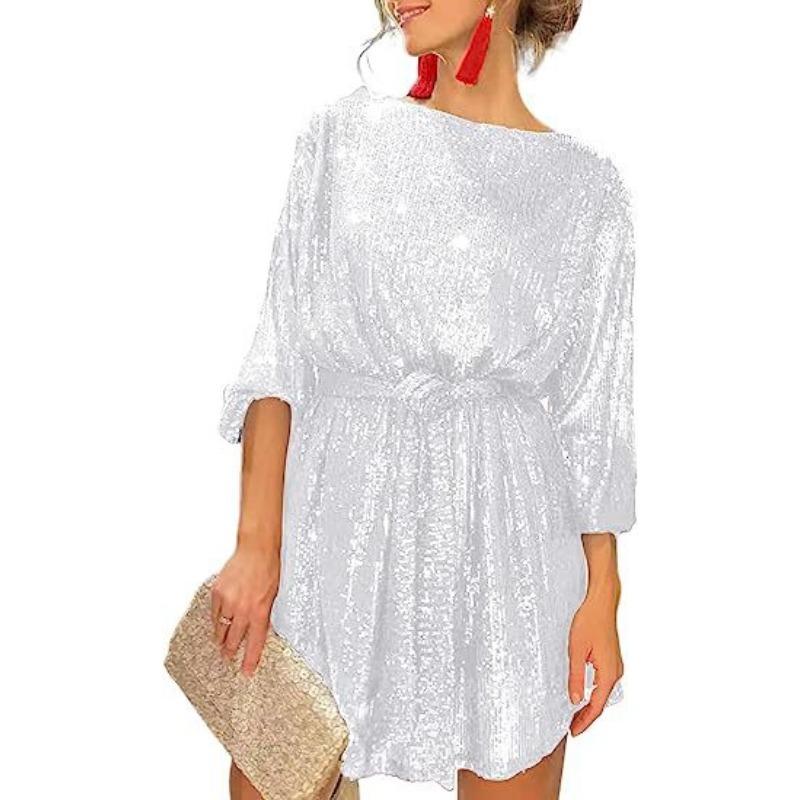 Women Sequins Round Neck Long Sleeve Casual Commute Bodycon Mini Dress