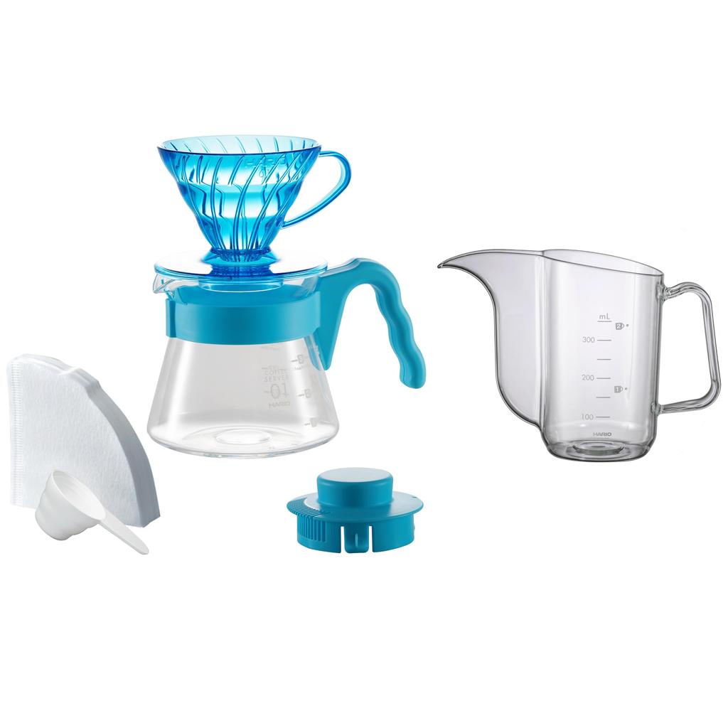 HARIO V60 Color Brew with Kettle Hand Drip Glass Measuring 40 Paper Recipe and Kettle (1-2 cups) Set, Heat-Resistant Server, Spoon, Sheets, Book,