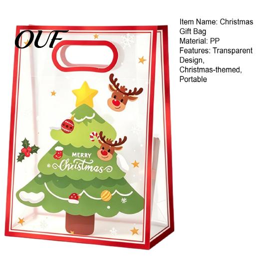 Seasonal Souvenir Gift Pouches Christmas Bags with Handles, Reusable Clear PP Treat for Eve Candy Apples Cookies, Holiday Party Favor Packaging Ribbon